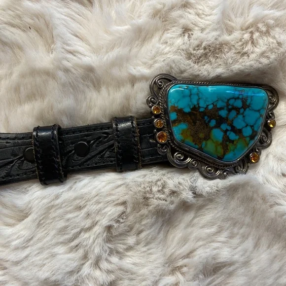 Signed Mona Van Riper Turquoise & Sterling Silver Belt Buckle & Leath… - Picture 11 of 17